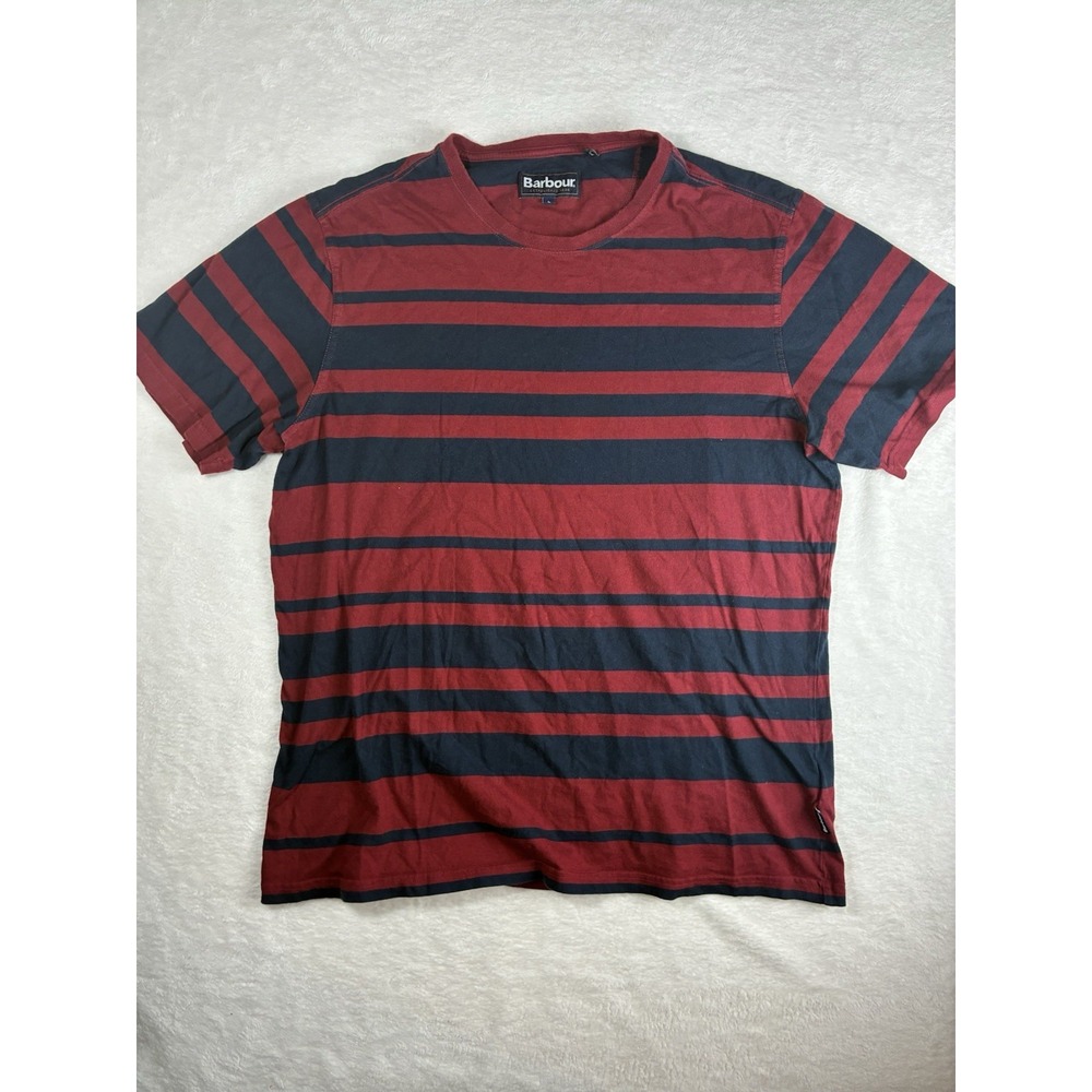 Barbour Mens T-Shirt Top Size Large Red Blue Striped Cotton